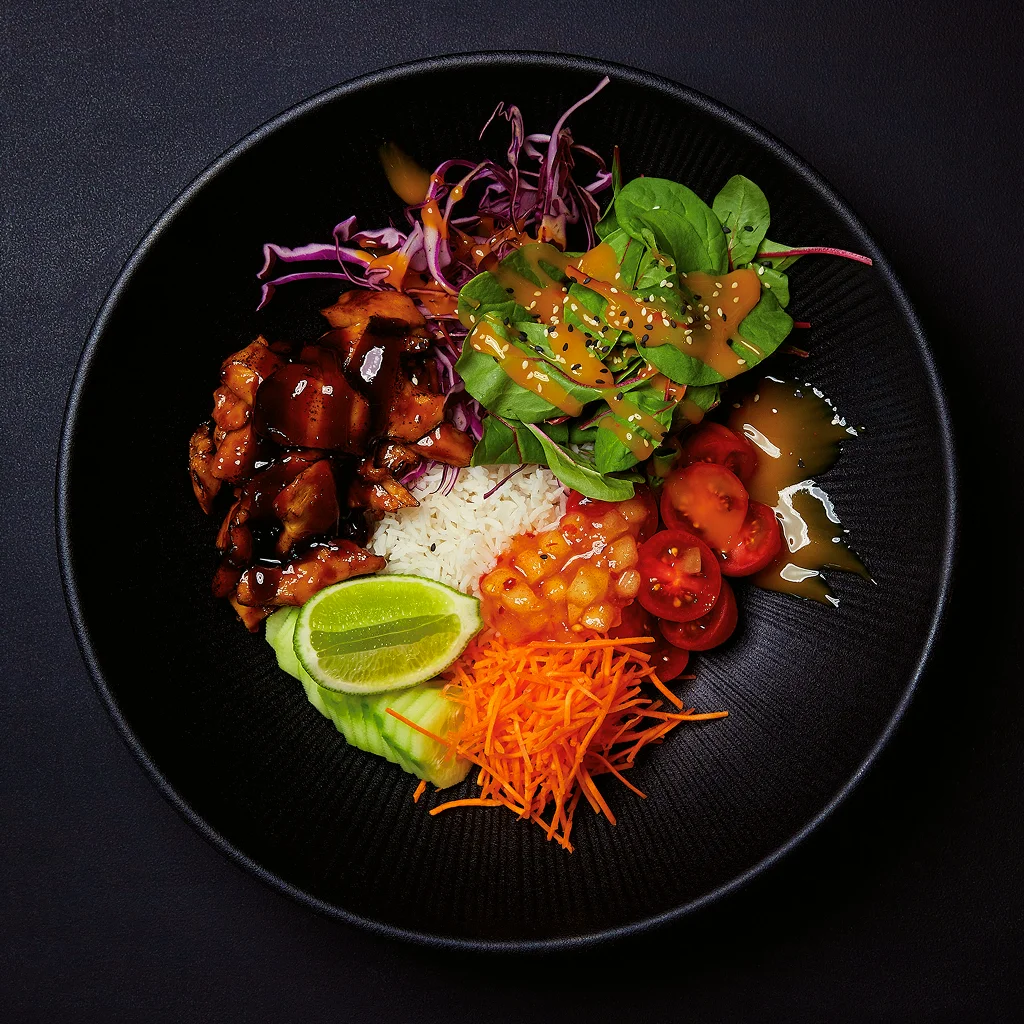 Frisch angerichtete Planted Teriyaki Bowl Creation mit pflanzlicher Proteinbasis, knackigem Gemüse, Reis und würziger Teriyaki-Sauce in einer Bowl serviert.